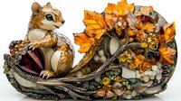 Whimsical chipmunk character among autumn leaves and berries, decorated with ornate swirls and natural elements in watercolor style on white background, ready for design use.