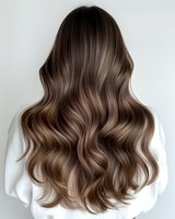 Long wavy brown hair with balayage highlights shown from behind on woman wearing white sweater against light background, demonstrating modern hair coloring technique.
