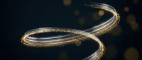 Golden light trails swirl in elegant curves against dark background, creating abstract flowing patterns with bokeh effects for modern design and motion graphics projects.