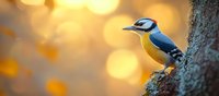 Blue jay perched on tree trunk against blurred golden bokeh background at sunset, colorful wild bird in natural environment, wildlife photography.
