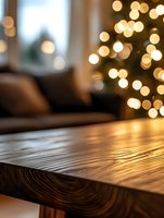 Empty wooden table with blurred Christmas lights bokeh background creating warm festive atmosphere. Cozy home interior setting for product display.