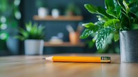 Fresh green houseplant in modern concrete pot on wooden desk with yellow pencil in contemporary office workspace for productivity and wellness.