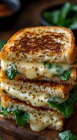 Grilled cheese sandwich with melted provolone, fresh spinach leaves and cracked pepper stacked in layers on toasted sourdough bread, close up view showing gooey texture.