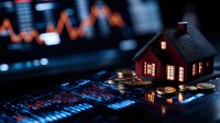 Miniature house model with glowing windows on financial charts and coins representing real estate investment, mortgage rates, and property market analysis.