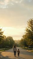 Mother and young child walking hand in hand down peaceful suburban street at golden hour sunset with tree-lined neighborhood creating warm family moment.