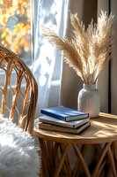 Cozy autumn home decor with dried pampas grass in white vase, stacked books on rattan side table by window with warm sunlight.