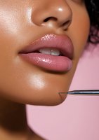 Close-up of glossy pink lips on African American woman's face with makeup brush against pink background, showcasing professional cosmetic application technique.