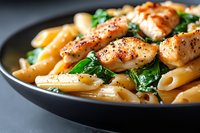 Grilled chicken breast slices with penne pasta and fresh spinach in creamy sauce, garnished with black pepper and herbs on dark plate. Close up food photography.