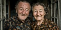 Happy elderly Caucasian couple smiling warmly together in matching floral shirts, showcasing love and companionship in golden years for lifestyle content.