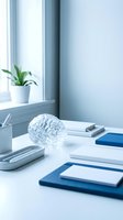 Modern office desk with crystal brain sculpture and blue notebooks near window with plant for business intelligence and creative workspace concepts.