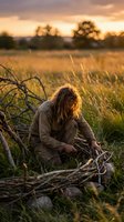 Caucasian man with long hair building a campfire with sticks and stones in a golden meadow at sunset, survival skills in nature.