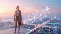 Professional businesswoman standing on rooftop overlooking illuminated city with glowing butterfly network connections at sunset for corporate growth concepts.