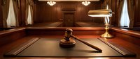 Wooden gavel and sound block on leather desk pad in elegant courtroom with rich wood paneling and warm lighting for legal proceedings.