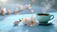 Steaming coffee cup in turquoise ceramic mug with delicate pink magnolia blossoms on textured blue surface, creating serene morning atmosphere.