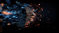 Digital code matrix with glowing blue text and orange light particles floating in dark space, creating futuristic technology visualization for cybersecurity concepts.