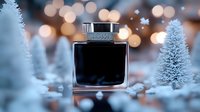 Luxury perfume bottle in winter wonderland setting with frosted miniature trees and magical bokeh lights creating festive holiday atmosphere.