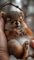 Sleeping baby squirrel with closed eyes resting in gentle human hands. Close-up view shows soft fur and peaceful expression, capturing tender wildlife moment.