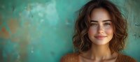 Young Caucasian woman with wavy brown hair and natural makeup smiling confidently against turquoise textured wall background, wearing casual orange sweater in horizontal banner format.