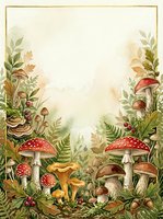 Watercolor forest mushrooms frame with ferns, oak leaves, berries, and copy space, autumn botanical border for cards, invitations, and prints.
