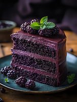 Rich chocolate layer cake slice with dark ganache frosting, fresh blackberries and mint leaves on teal plate, moody dark food photography setting.