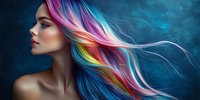 Young woman with flowing rainbow colored hair against dark blue background, profile view showing artistic hair coloring and makeup styling for beauty and fashion concepts.