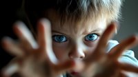Young blonde boy with bright blue eyes reaching hands toward camera creating protective or playful gesture in dramatic lighting for emotional storytelling.