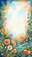 Watercolor floral frame with compass, roses, berries, and gold ornaments on soft blue background with copy space for text.