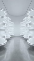 Futuristic white interior with glowing geometric shelves, LED lighting, and concrete floor, showcasing a sleek sci-fi retail or showroom space.