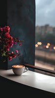 Cozy coffee cup with latte art on windowsill beside pink flowers, evening city bokeh lights in background creating peaceful atmospheric mood.