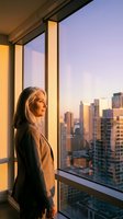 Professional blonde businesswoman in suit gazing through office window at urban skyline during golden hour sunset with warm lighting and city buildings.