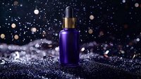Purple glass dropper bottle with gold cap on dark glittery background with bokeh lights and sparkles, luxury cosmetic product photography for beauty and skincare.