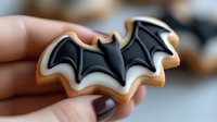 Halloween bat shaped sugar cookie with black royal icing wings held in hand, spooky autumn treat for seasonal baking and party desserts.