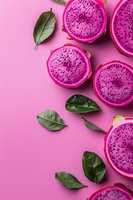 Vibrant pink dragon fruit slices with black seeds and green leaves arranged on pink background, fresh tropical fruit composition for healthy eating concept.