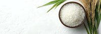 Bowl of uncooked white rice with golden wheat ears and green palm leaves on light textured background, top view with copy space. Food concept.