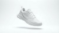 White running sneaker with thick cushioned sole floating on light background, sporty athletic footwear for fitness and lifestyle concepts.