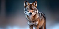 Majestic gray wolf with intense gaze stands alert in winter landscape, sharp focus on facial features against blurred natural background, displaying wild predator strength.