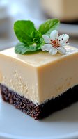 Creamy vanilla cheesecake slice with chocolate cookie base garnished with fresh mint leaves and delicate white blossom on white plate, macro food photography.