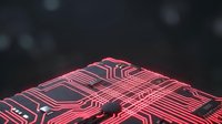 Glowing red circuit board pattern with neon lines and electronic pathways on dark background, suitable for technology and digital design projects.