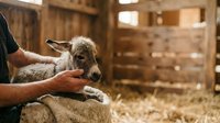 Person with tan skin and dark hair gently holding a young goat in a rustic barn setting with straw bedding and wooden structures, capturing farm animal care and agricultural lifestyle.