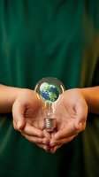 Hands holding a glowing light bulb with Earth globe inside, symbolizing green energy, eco innovation, and sustainable future concepts.