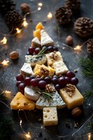 Festive cheese board arranged in Christmas tree shape with grapes, nuts, and fairy lights on dark background. Perfect for holiday entertaining.