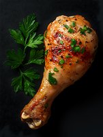 Grilled chicken drumstick with herbs and spices on dark background. Roasted poultry leg with parsley garnish for culinary and restaurant menu designs.