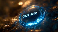 Glowing blue circular button with click here text on dark background with bokeh light effects and magical particles, for web and UI design elements.
