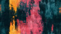 Abstract art background with textured brush strokes in teal, coral pink and golden yellow colors creating dramatic contemporary painting effect. Modern wall decor design.