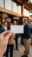 Hand holding blank white business card at corporate networking event with blurred professionals in background. Mockup template for branding and contact information.