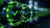 Glowing green checkmark symbol in transparent glass sphere with bokeh light effects and digital particles, representing approval and success.