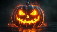 Glowing orange jack o'lantern with evil grin and fiery eyes emerging from dark smoky background, creating spooky Halloween atmosphere for seasonal designs.