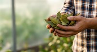 Male farmer holding succulent plants in hands at greenhouse nursery for gardening and horticulture business.