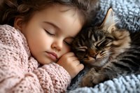 Young girl in pink knit sweater sleeping peacefully with striped tabby cat on blue blanket, tender moment of child and pet friendship captured in soft light.