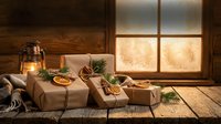 Rustic Christmas gift boxes wrapped in kraft paper with natural pine branches and dried orange slices on wooden table by frosted window with warm candlelight.